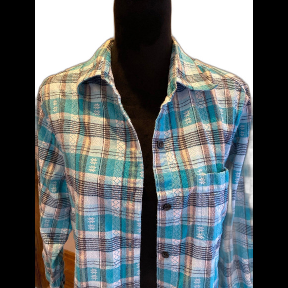 Fashion Bug Button Down Blouse Size 14 16 Turquoise Plaid Stripes 100% Cotton - Picture 2 of 9